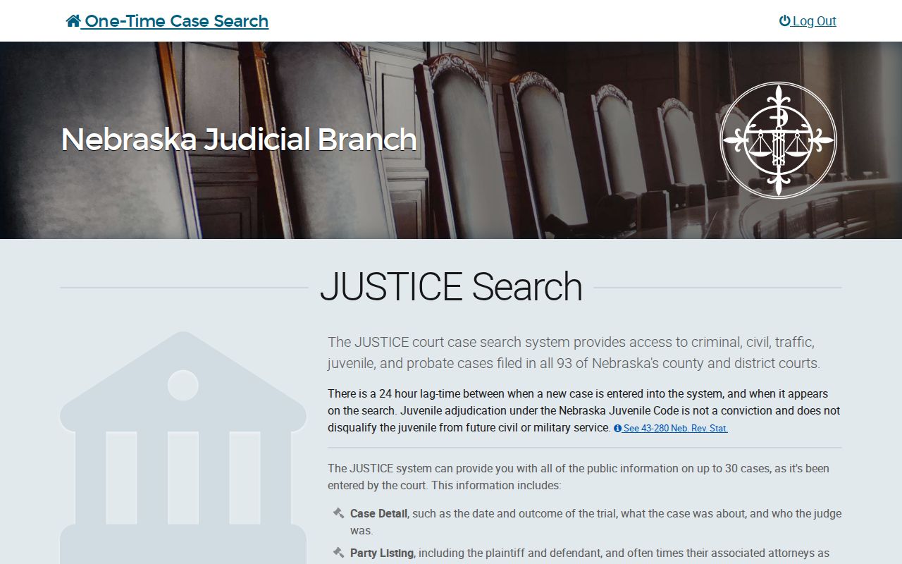 Cherry County case search entry screen for the JUSTICE court record service