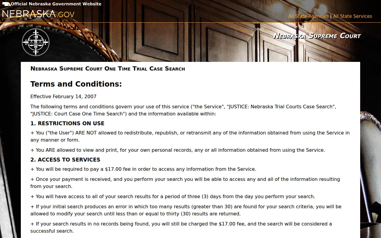 Cherry County case search access terms for the JUSTICE court record service