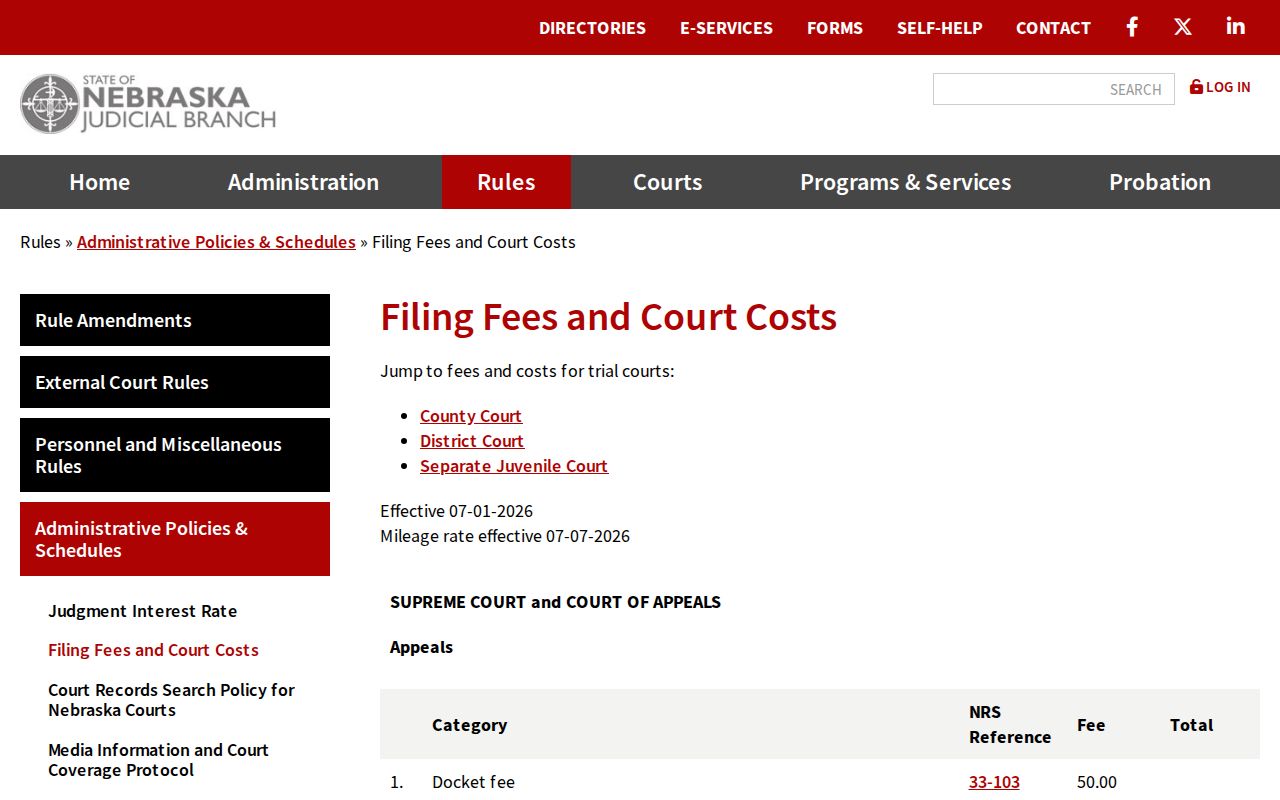 Cherry County civil docket source showing Nebraska court fees and civil jurisdiction information