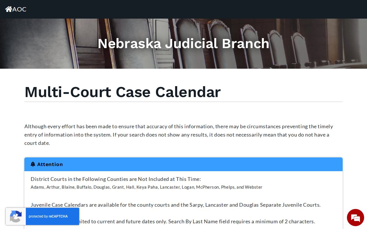 Cherry County court calendar source showing Nebraska Multi-Court Case Calendar search controls