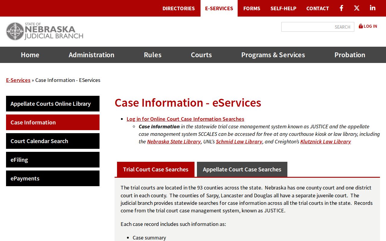 Cherry County court calendar source showing official JUSTICE case-detail and register-of-actions fields