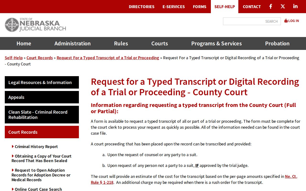 Cherry County court record transcript and audio request instructions