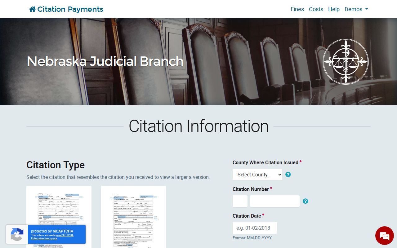 Cherry County traffic court record citation lookup fields on the Nebraska form